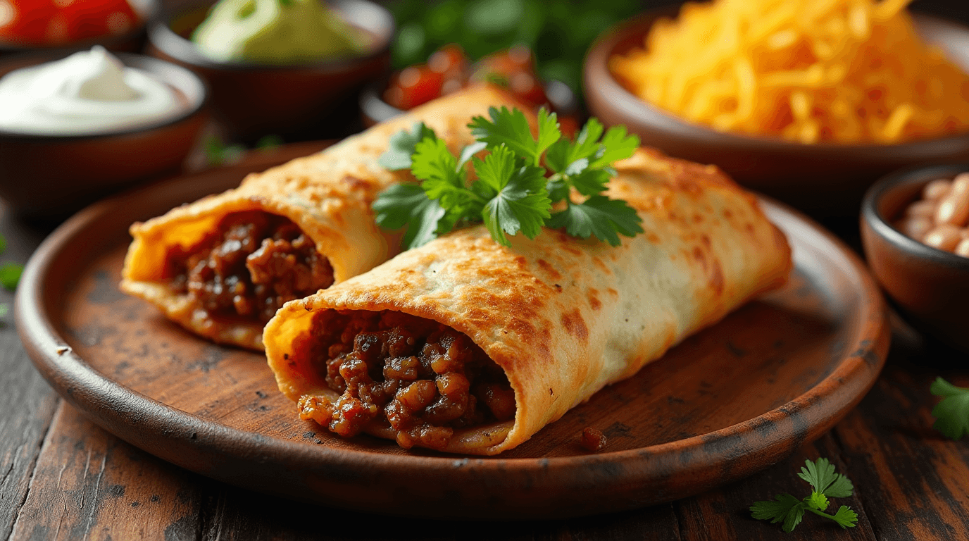 Beef Chimichanga - Crispy, Flavorful, and Easy to Make A golden brown Beef Chimichanga garnished with fresh cilantro, served with sour cream, guacamole, salsa, and Mexican rice on a rustic wooden plate.