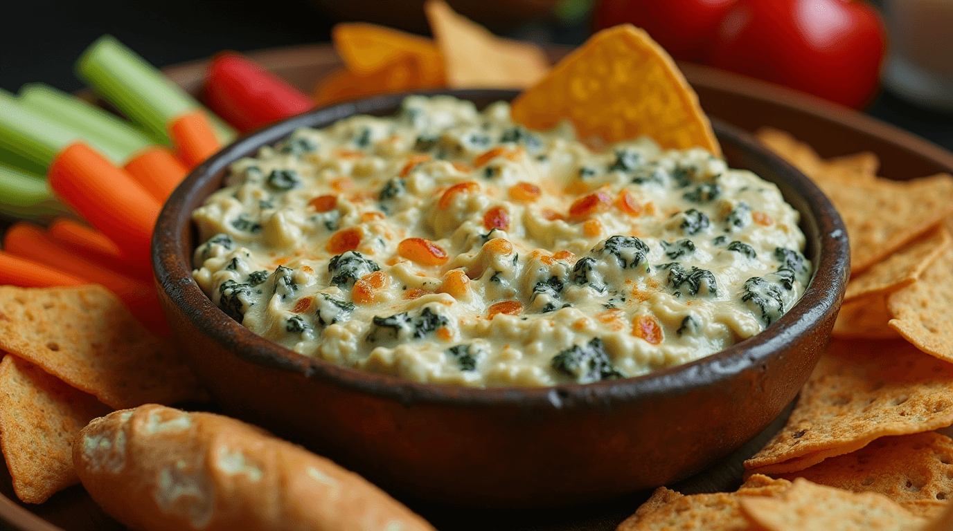 Spinach and artichoke dip served in a bowl with tortilla chips, vegetable sticks, and baguette slices on a wooden table.