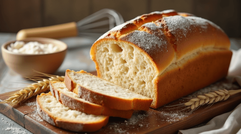 King Arthur recipe Freshly baked homemade bread with golden-brown crust on a wooden cutting board surrounded by baking ingredients.