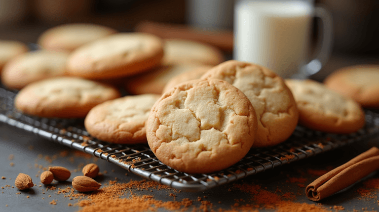 Freshly baked chai sugar cookies with a golden-brown edge, surrounded by cinnamon, cardamom, and other spices, on a cooling rack.