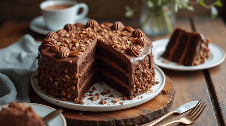German Chocolate Cake with coconut-pecan frosting and slices on plates
