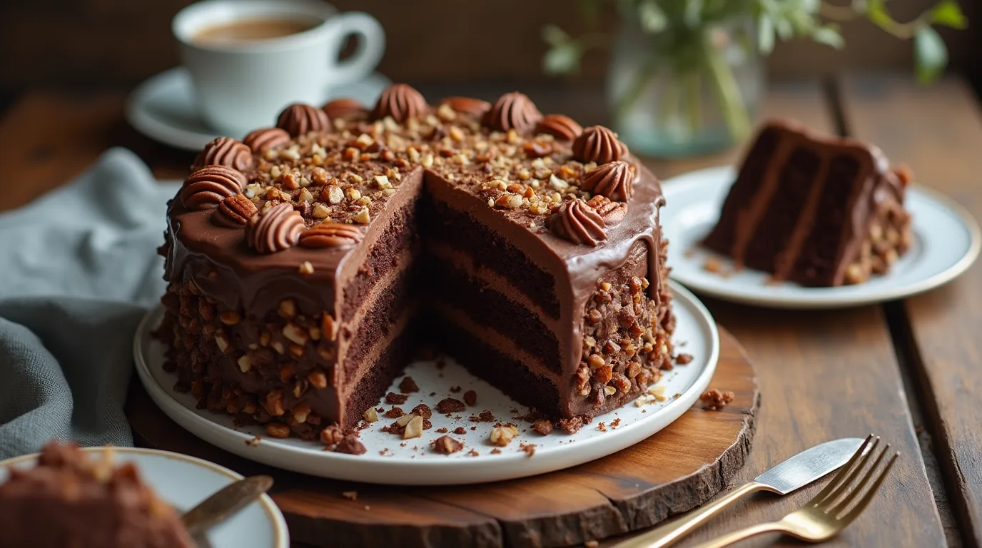 German Chocolate Cake – Rich, Moist, and Irresistible German Chocolate Cake with coconut-pecan frosting and slices on plates