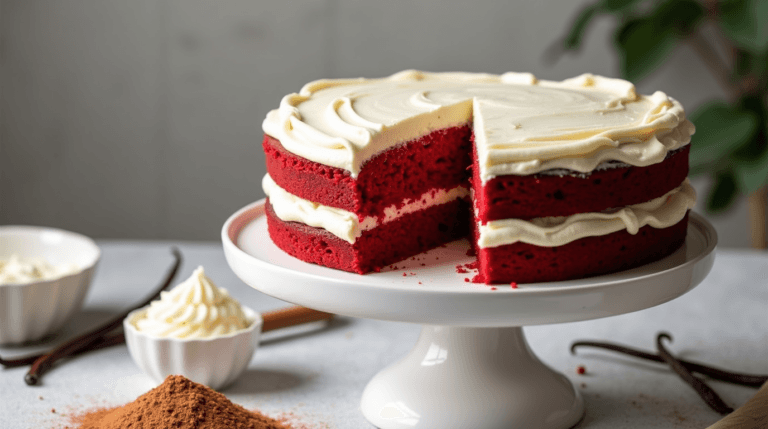 Moist red velvet cake with cream cheese frosting and a slice cut to show the soft, velvety texture
