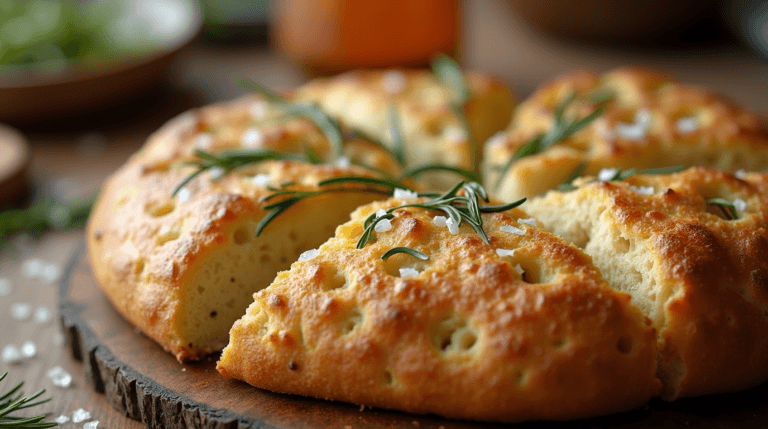 Freshly baked homemade focaccia bread with rosemary and sea salt, cut into squares and served on a rustic wooden board.