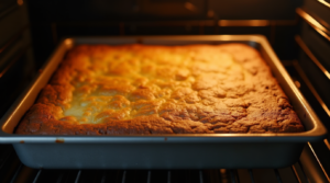 Keto cheesecake brownies baking in the oven, slightly golden on top