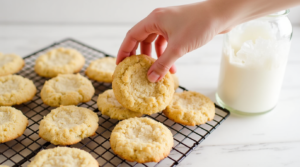 Freshly baked Keto Coconut Cookies cooling on a wire rack with an airtight container beside them.