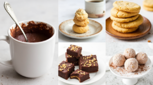 A collage featuring a chocolate mug cake, cheesecake bites, peanut butter cookies, keto brownies, and coconut fat bombs, all keto-friendly.