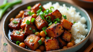 Vegetarian and vegan Black Pepper Chicken made with tofu, mushrooms, and chickpeas, served with rice and garnished with green onions