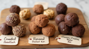 A selection of keto chocolate fat bombs with different flavors, including nuts, cinnamon, and mocha.