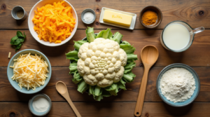 Fresh ingredients for cauliflower cheese, including cauliflower, cheese, butter, milk, and seasonings, displayed on a wooden countertop.