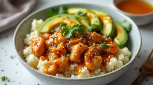 A keto-friendly hot honey chicken bowl with cauliflower rice, avocado, and sesame seeds.