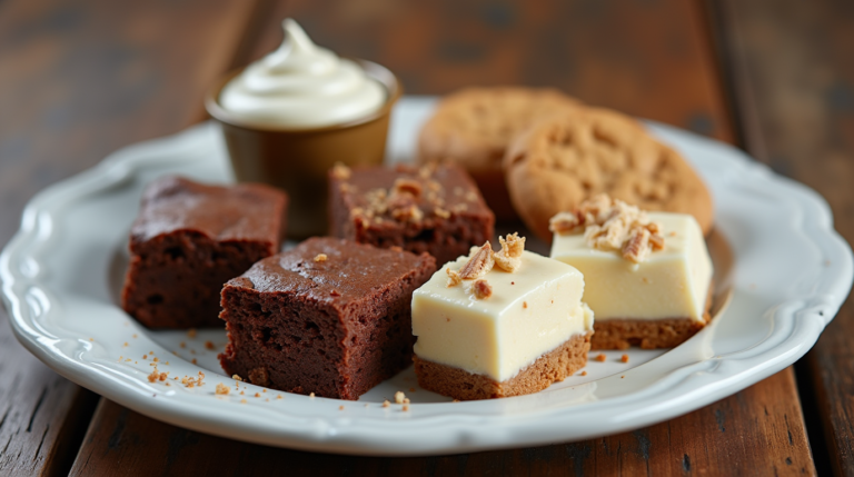 A variety of Keto diet desserts, including chocolate mug cake, cheesecake bites, peanut butter cookies, brownies, and coconut fat bombs, on a white plate.