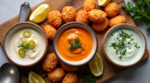 Three dipping sauces—tartar, sriracha mayo, and garlic herb yogurt—served in small bowls next to crispy air fryer salmon bites.