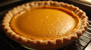 A freshly baked keto pumpkin pie with a golden crust, cooling on a rack.