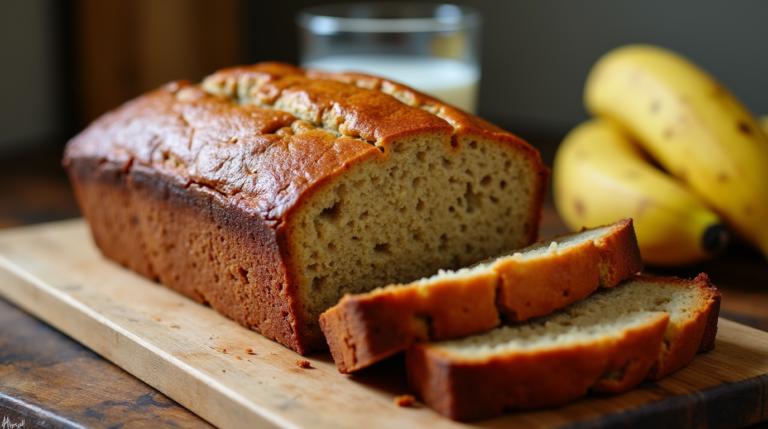 A freshly baked rich banana bread, sliced on a wooden board, showcasing its moist and fluffy texture.