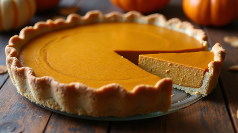 A keto pumpkin pie with a golden almond flour crust and smooth pumpkin filling, served on a wooden table with autumn decorations.