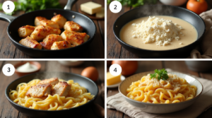 A step-by-step visual guide showing how to prepare a classic chicken and noodles recipe, including sautéing chicken, making the sauce, combining ingredients, and serving the final dish