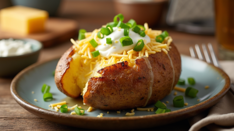 A crispy air fryer baked potato with fluffy insides, topped with sour cream, cheese, and green onions.