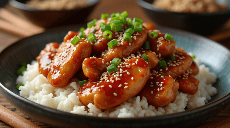 A plate of homemade chicken teriyaki Recipe with sesame seeds and green onions, served over rice.