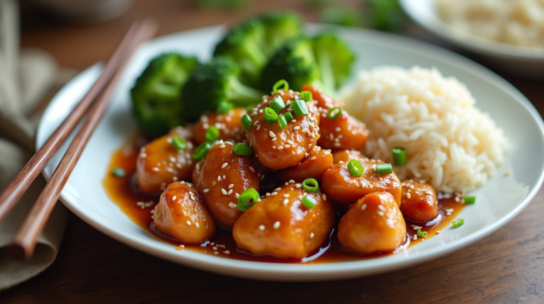 A plate of crispy, golden-brown healthy sesame chicken with sesame seeds and green onions.