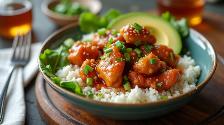 A hot honey chicken bowls with glazed chicken, white rice, avocado, and sesame seeds.