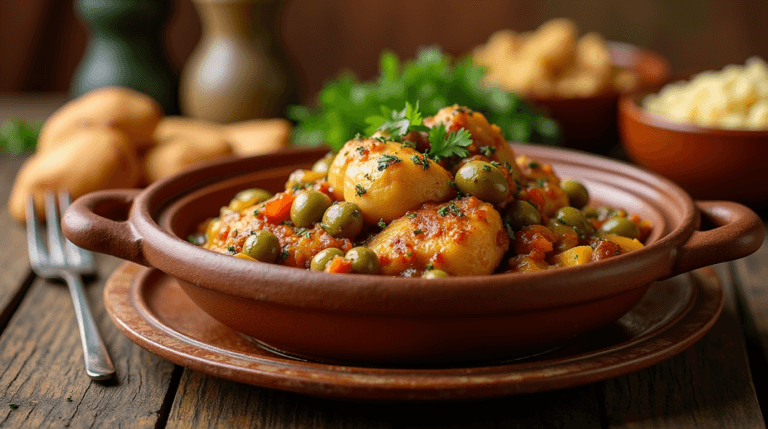 A traditional Moroccan Chicken Tagine served in an authentic clay pot, garnished with preserved lemons, olives, and fresh herbs.