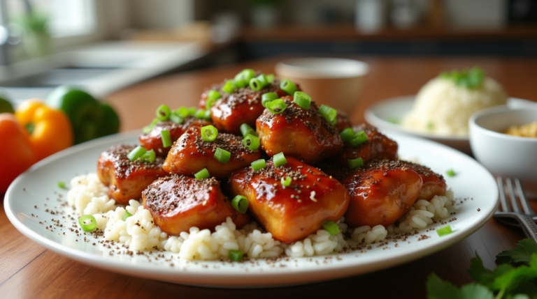 A plate of Black Pepper Chicken glazed with rich sauce, garnished with chopped green onions, served with rice and vegetables.
