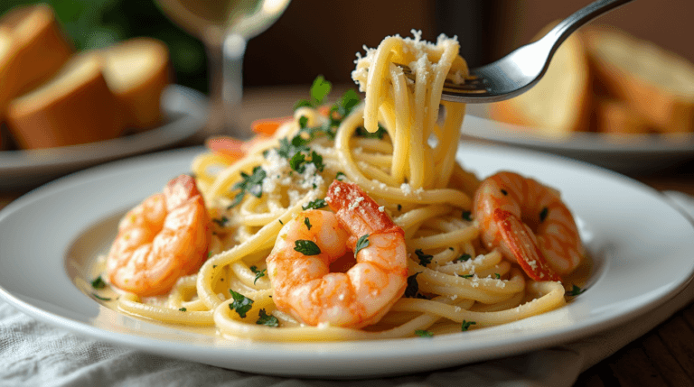 A plate of creamy Shrimp Alfredo Recipe garnished with parsley and Parmesan cheese, served with garlic bread.