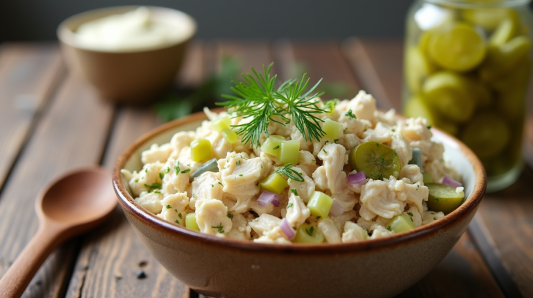 A bowl of creamy Dill Pickle Chicken Salad with shredded chicken, chopped pickles, celery, and red onion, garnished with fresh dill.