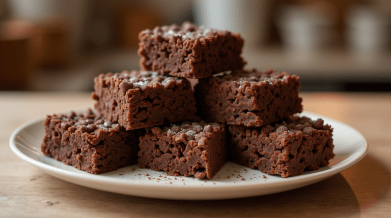 Delicious Chocolate Rice Krispies Recipe stacked on a plate, showing their crispy and chewy texture with a glossy chocolate coating.