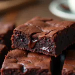 Keto Brownies Fudgy keto brownies stacked on a wooden board with a gooey center exposed.