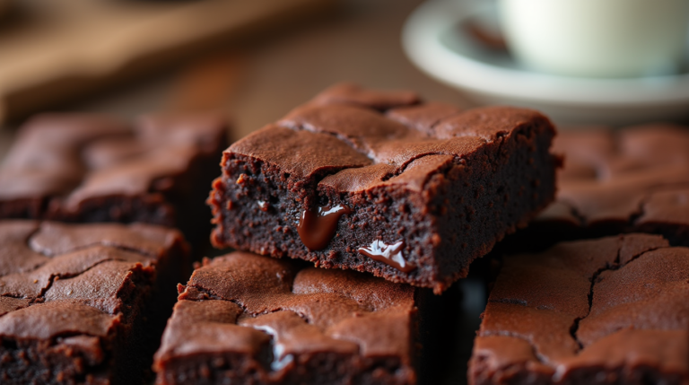 Fudgy keto brownies stacked on a wooden board with a gooey center exposed.