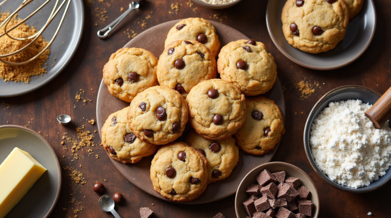 A plate of freshly baked Crumbl cookies with soft, chewy centers and chocolate chips, surrounded by key ingredients and baking tools on a rustic wooden table