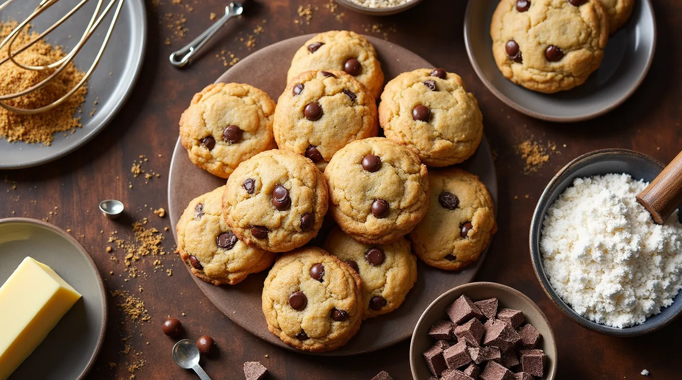 Crumbl Cookie A plate of freshly baked Crumbl cookies with soft, chewy centers and chocolate chips, surrounded by key ingredients and baking tools on a rustic wooden table
