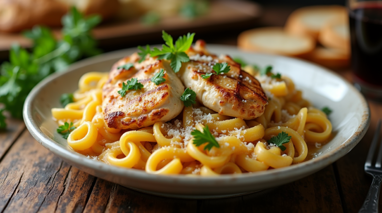 A steaming bowl of creamy chicken and noodles Recipe with tender chicken, golden egg noodles, fresh parsley, and grated Parmesan cheese served on a rustic wooden table