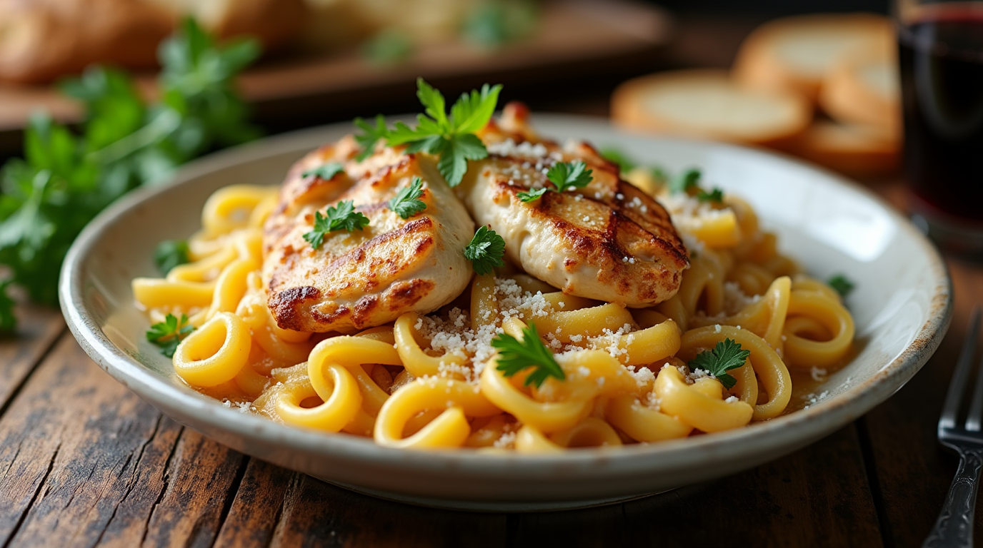 A steaming bowl of creamy chicken and noodles Recipe with tender chicken, golden egg noodles, fresh parsley, and grated Parmesan cheese served on a rustic wooden table