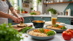 Bowls of rice and beans, tofu with peanut sauce, and lentils with quinoa, displayed on a cutting board to show protein-rich meal combinations