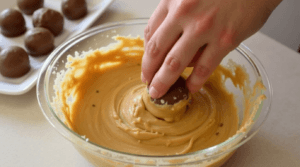A creamy peanut butter and Butterfinger mixture being rolled into balls.
