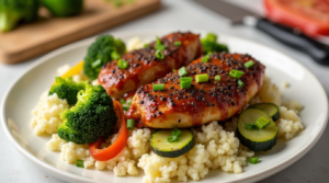Low-carb Black Pepper Chicken served over cauliflower rice with broccoli, zucchini, and bell peppers, garnished with green onions