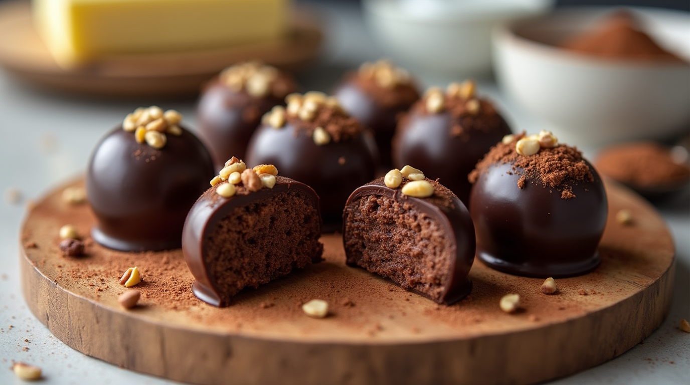 Chocolate Fat Bomb A plate of glossy keto chocolate fat bombs with a smooth, creamy interior, dusted with cocoa powder and crushed nuts.