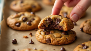 A tray of freshly baked Chocolate Chip Banana Bread Cookies with golden brown edges and melty chocolate chips.