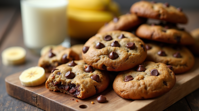 A batch of golden brown Chocolate Chip Banana Bread Cookies with melted chocolate chips and a soft, moist interior.