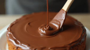 Pouring chocolate frosting over Texas Sheet Cake Recipe.