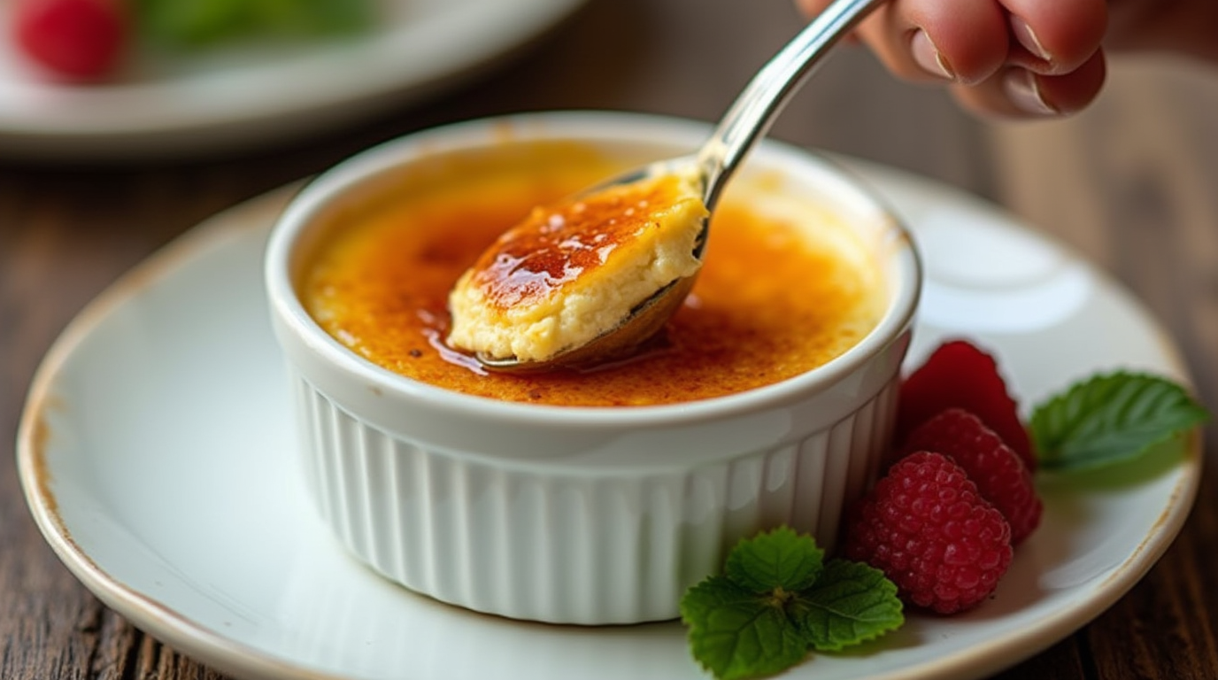 Keto Creme Brulee | That Low Carb Sugar-Free Dessert A perfectly caramelized Keto Creme Brulee with a spoon revealing its creamy custard texture.