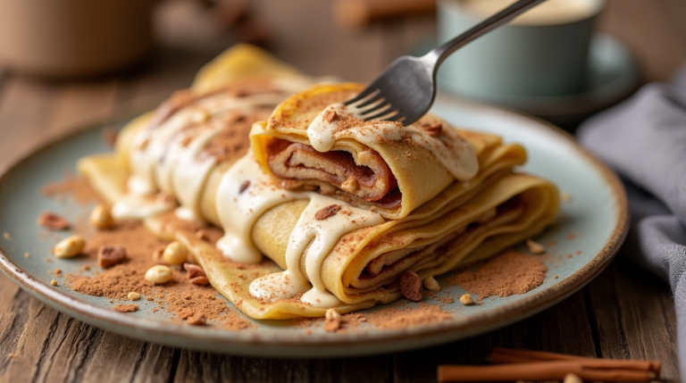 A stack of golden-brown Cinnamon Roll Protein Crepes drizzled with a creamy glaze and sprinkled with cinnamon and nuts.