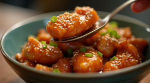 A bowl of healthy sesame chicken with sesame seeds and green onions, ready to be served.