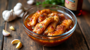 Chicken tenders soaking in a flavorful marinade of soy sauce, garlic, and seasonings.