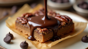 A pecan pie bar being drizzled with melted chocolate for an extra indulgent touch.