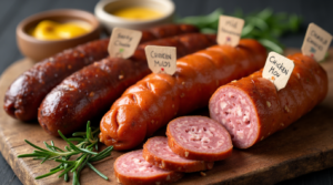 A selection of sliced smoked, spicy, and mild sausages on a wooden board.