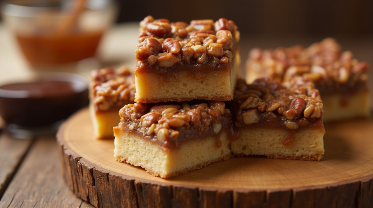 A stack of freshly baked Pecan Pie Bars with a golden crust and gooey pecan filling.